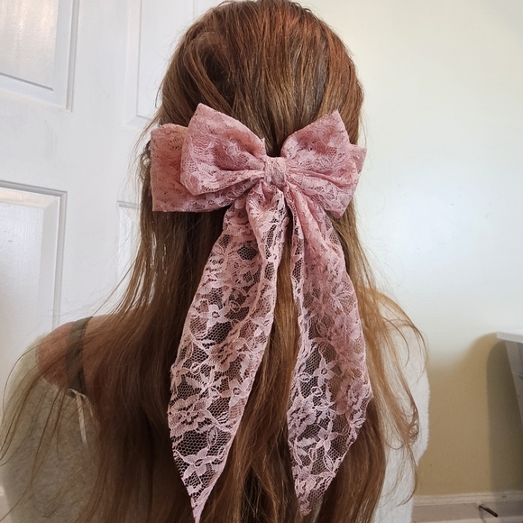 Pink Lace Hair Bow Barrette Accessory - Picture 3 of 9